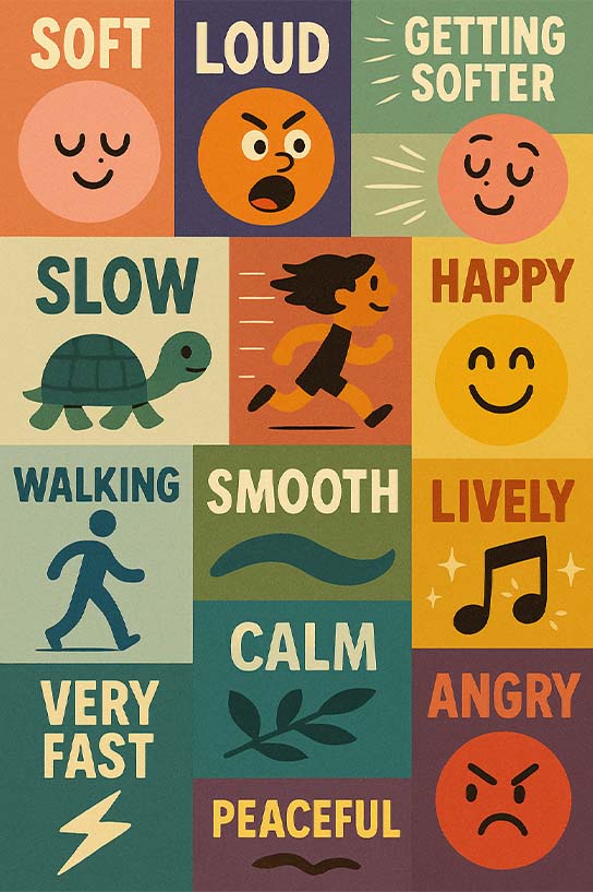 Colorful grid showing different musical expressions like soft, loud, slow, happy, walking, smooth, calm, very fast, and peaceful