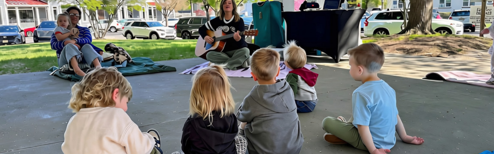 Children sit on an outdoor pavilion floor while a Kids’ MusicRound teacher leads the group in song with her guitar.
